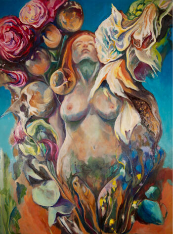 Blodeuwedd painting by Greg Williams, female nude surrounded by flowers