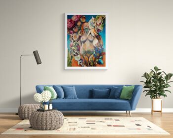 Blodeuwedd print A1, based on a Welsh folktale, beautigully presented in a modern living room.
